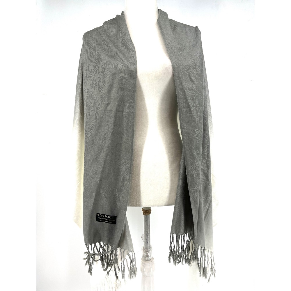TUCCI Cashmere Seta Blend‎ Scarf Shawl Ombre Gray White Fringed Made in Italy